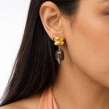 Black Stone Drops Gold Plated Earrings